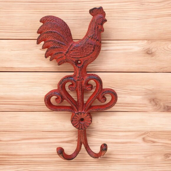 Distressed Red Rooster Cast Iron Hook - Picture 1 of 6